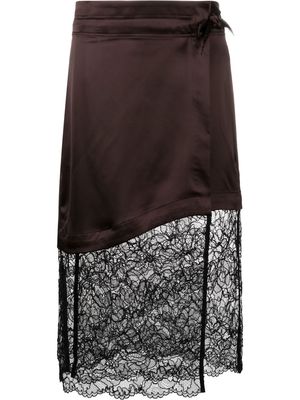 GANNI lace-panel wrap skirt - Brown