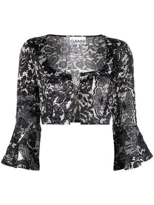 GANNI lace-print cropped blouse - Black