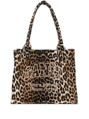 GANNI large leopard-print canvas tote bag - Brown