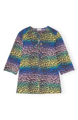 Ganni Leopard Print Long Sleeve Organic Cotton Cover-Up Top in Multicolour