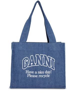 GANNI logo-embroidered denim shoulder bag - Blue