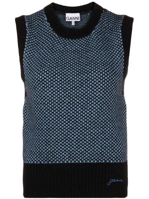 GANNI logo-embroidered knitted sweater vest - Blue