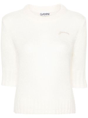 GANNI logo-embroidered knitted T-shirt - White