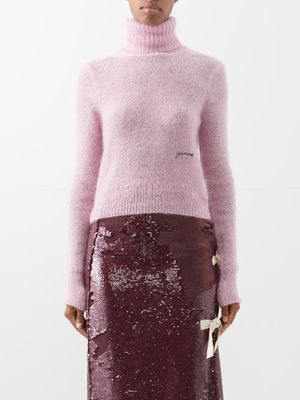 Ganni - Logo-embroidered Mohair-blend Roll-neck Sweater - Womens - Light Pink