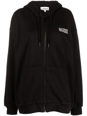 GANNI logo-embroidered zipped hoodie - Black