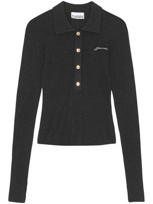 GANNI logo-embroidery merino polo shirt - Black