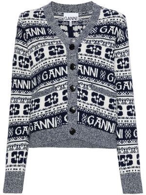 GANNI logo-intarsia buttoned cardigan - Blue