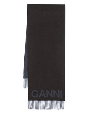 GANNI logo intarsia-knit fringe-detailing scarf - Brown