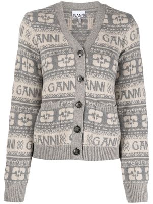 GANNI logo intarsia-knit V-neck cardigan - Grey