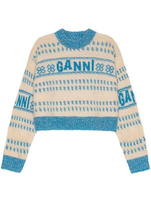 GANNI logo-intarsia organic cotton jumper - Blue