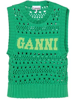 GANNI logo-jacquard crochet sweater vest - Green