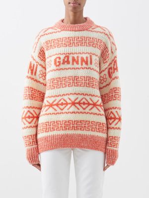 Ganni - Logo-jacquard Organic-wool Sweater - Womens - Orange White