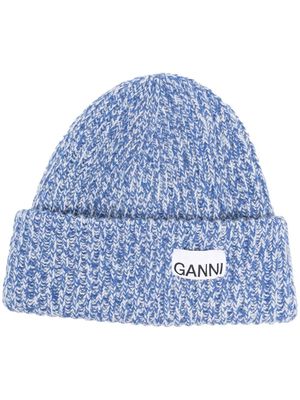GANNI logo-patch ribbed-knit beanie - Blue