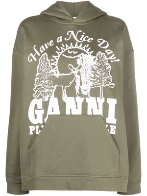 GANNI logo-print organic cotton hoodie - Green