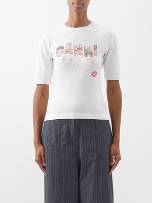 Ganni - Logo-print Organic-cotton Jersey T-shirt - Womens - White Print