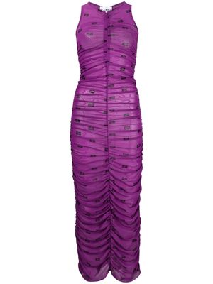 GANNI logo-print ruched maxi dress - Purple