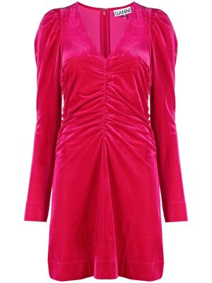 GANNI long-sleeve gathered velvet minidress - Pink