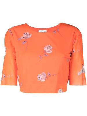 GANNI mesh-detail floral-print T-shirt - Orange