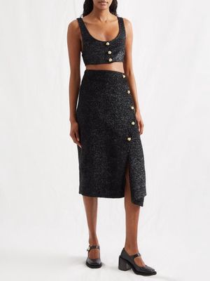 Ganni - Metallic-tweed Wrap Skirt - Womens - Black