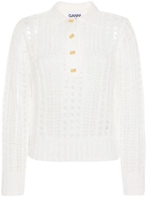 GANNI open-knit polo-collar jumper - White