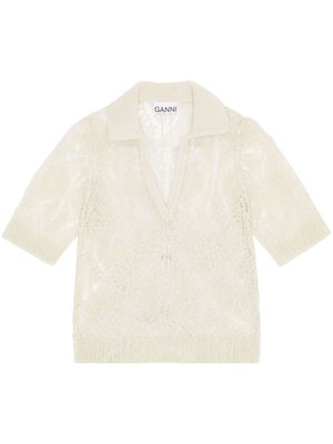 GANNI organic-cotton lace polo shirt - Neutrals