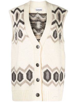 GANNI patterned intarsia-knit wool vest - White