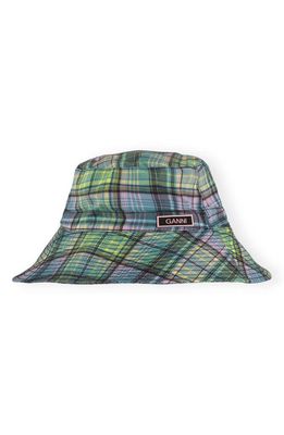 Ganni Plaid Recycled Polyester Tech Bucket Hat in Lagoon
