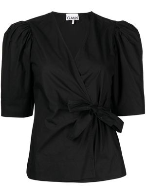 GANNI poplin wraparound-style cotton blouse - Black