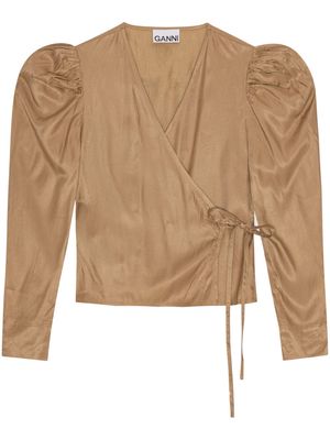 GANNI puff-sleeve wrap blouse - Brown