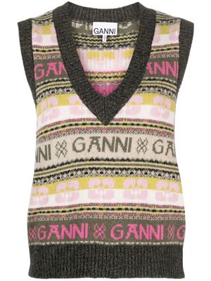GANNI ribbed V-neck intarsia-knit vest - Pink