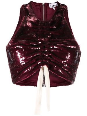 GANNI ruched-detail sequin top - Red