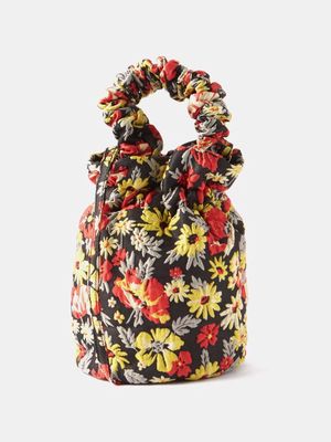 Ganni - Ruched Floral-jacquard Recycled-fibre Bag - Womens - Black Multi
