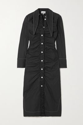 GANNI - Ruched Organic Cotton-poplin Shirt Dress - Black