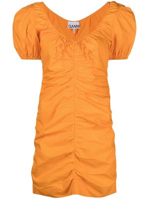 GANNI ruched puff-sleeve minidress - Orange