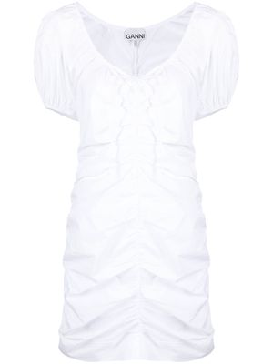 GANNI ruched puff-sleeve minidress - White