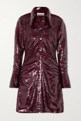 GANNI - Ruched Sequined Recycled Satin Mini Shirt Dress - Burgundy