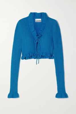 GANNI - Ruffled Ribbed-knit Cardigan - Blue