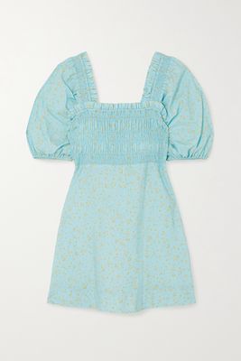 GANNI - Shirred Floral-print Organic Cotton-poplin Mini Dress - Blue