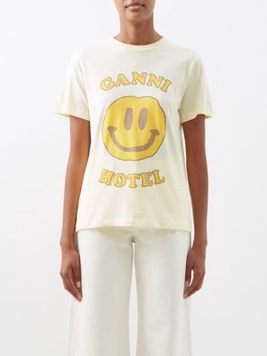 Ganni - Smiley Hotel-logo Organic-cotton Jersey T-shirt - Womens - Light Yellow