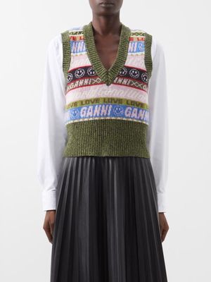 Ganni - Smiley-logo Jacquard Wool-blend Sweater Vest - Womens - Multi