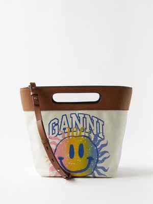 Ganni - Smiley-print Leather-trimmed Canvas Tote Bag - Womens - Beige Multi