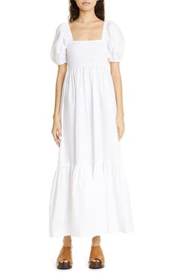 Ganni Smocked Organic Cotton Poplin Maxi Dress in Bright White