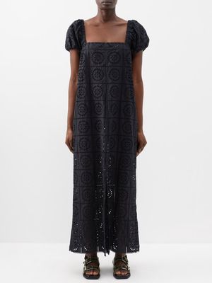 Ganni - Square-neck Broderie Anglaise Maxi Dress - Womens - Black