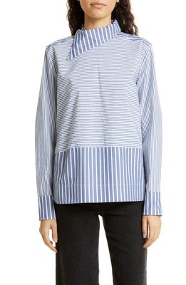 Ganni Stripe Asymmetric Organic Cotton Shirt in Gray Blue