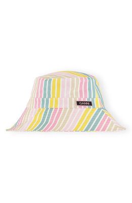 Ganni Stripe Logo Patch Organic Cotton Bucket Hat in Pink Multicolour