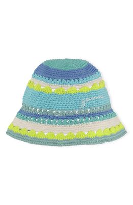 Ganni Stripe Organic Cotton Crochet Bucket Hat in Blue Curacao