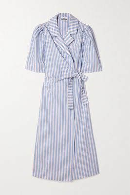 GANNI - Striped Belted Organic Cotton-poplin Wrap Midi Dress - Blue