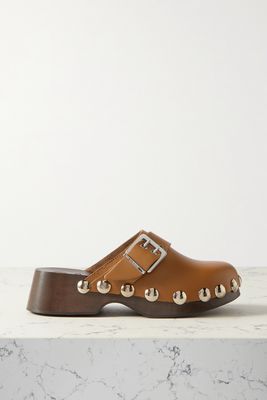 GANNI - Studded Buckled Leather Clogs - Brown
