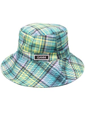 GANNI Tech logo-patch plaid bucket hat - Green