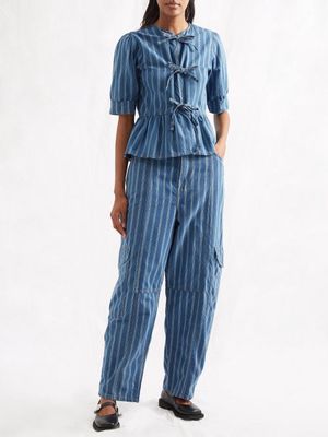 Ganni - Tie-front Striped Denim Blouse - Womens - Blue Multi